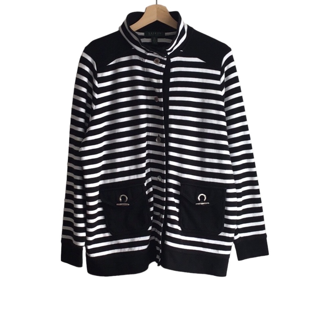 Lauren Ralph Lauren Black White Striped Cotton Cardigan, 1X